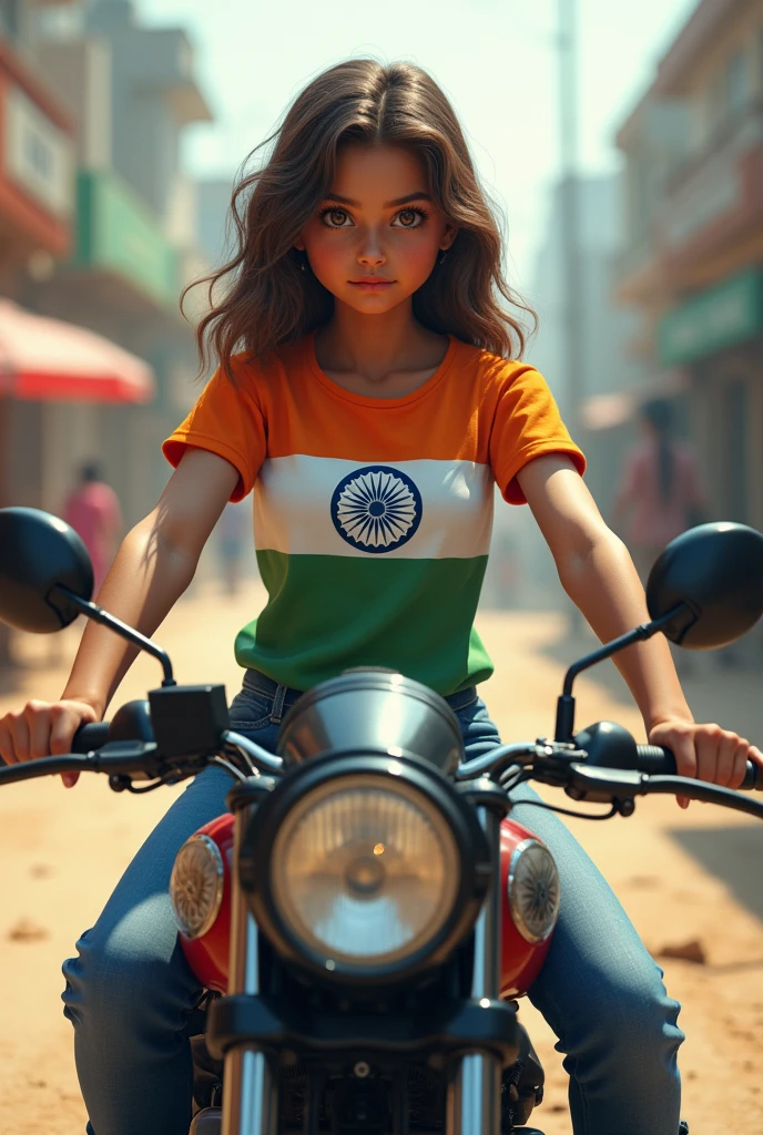 Imagine A girl sitting on bullet holding tiranga name sansruchi on his t shirt