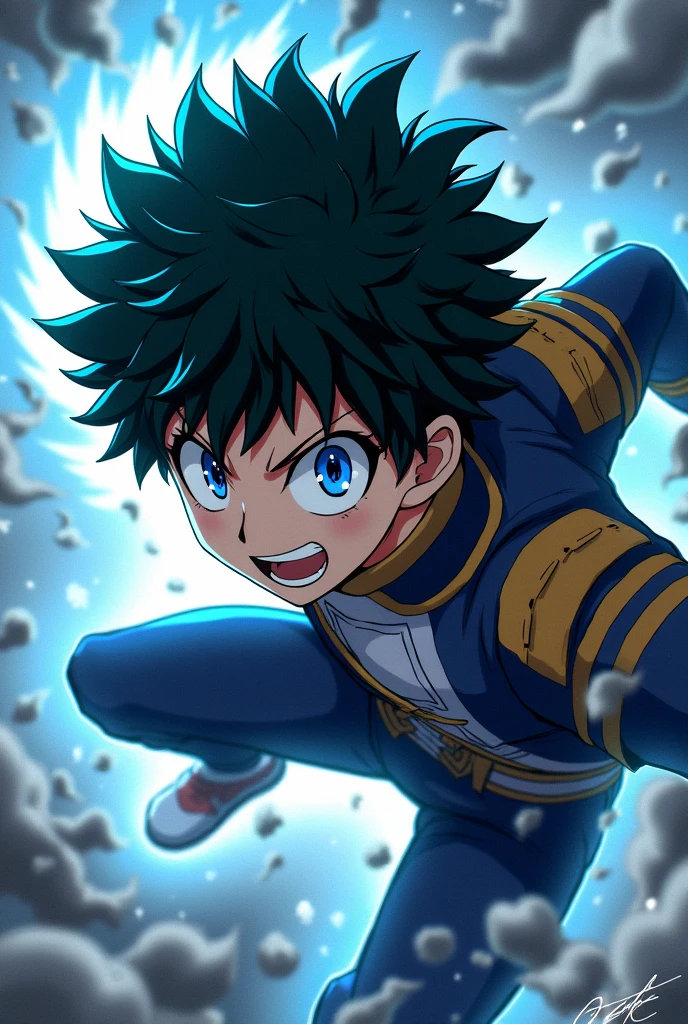 My hero academia capture, short black hair with blue streaks, slanted eyes with heterochromia, uniform of the U.A