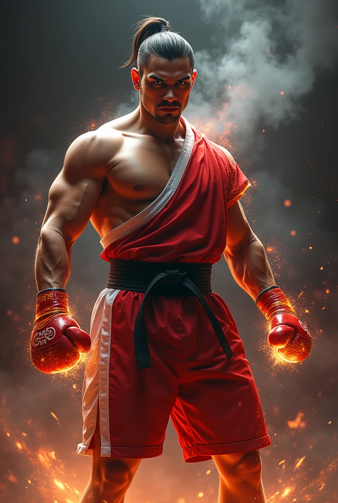 (best quality,height:1.2),realistic,Masterpiece:1.2,Portrait,colorful,studio lighting,spark,Muay Thai fighter,character design,Muay Thai fighterผู้กล้าหาญ, Thai boxer, muscular body,intense stare,Focused expression,Red and white gi,Black belt,Hot aura,Action pose,Fire Fist,Heat and energy,Radiation power,fighting posture,bright colors,Energy Blast,Highly detailed lighting effects,Street fight scene,Reliable definition of muscle,Smoke and sparks,Eye-catching elements,Pay attention to facial features.