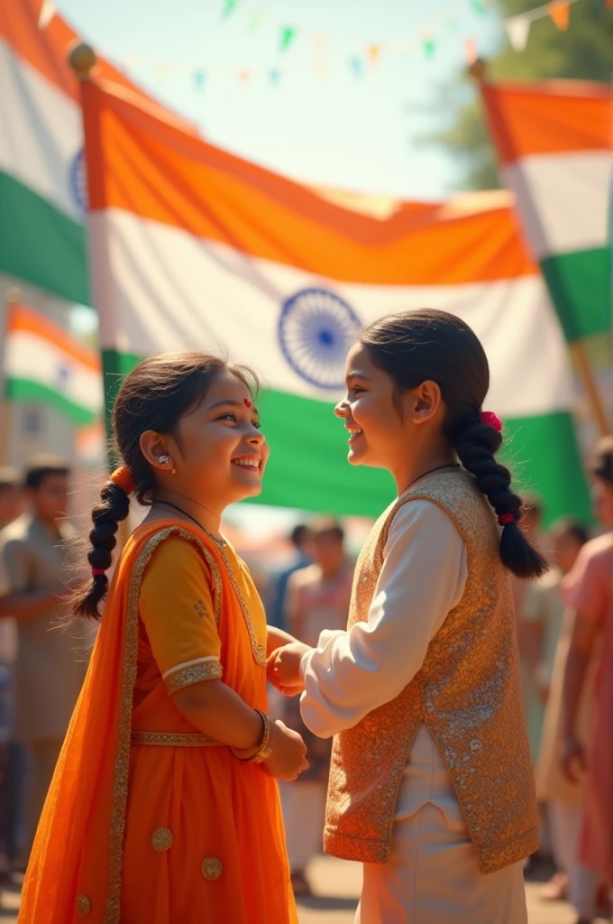 background indian flag
One Girl and boy "TUHINA" MISTER"enjoy Independence Day" there formal indian shart front side name "TUHINA" MISTER"