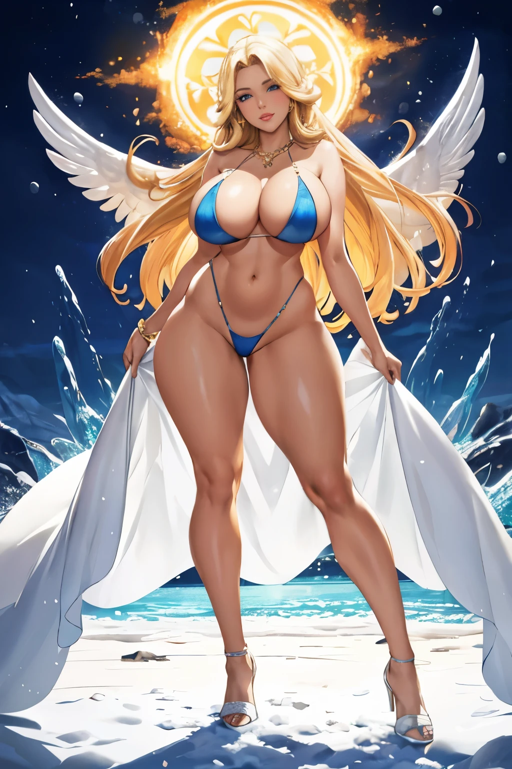 An extremely beautiful busty woman, with long silky golden blonde hair, blue colored eyes, extremamente super Ablaze, snow white, dazzling, impeccable, Ablaze, exuberante, pele branca e Ablaze, and thesis, a perfect, tight hourglass figure, a thick and fat ass, neckleace, and perfect hips, usando um transparent white micro bikini, yellow heels, a beautiful lovely smile on the lips, pink lips, pink nails, standing, gazing at viewer, show full body from head to toe.
