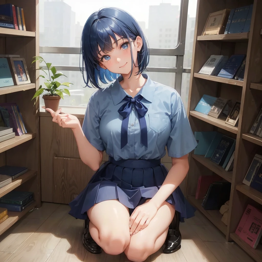 1. High school girl 17-year-old female Bobcut dark blue hair color High School Uniform Light blue Y-shirt Short sleeve Blue Ribbon dark blue hair color Slim figure Large Breasts Full body portrait School library Smiling Kindly Laugh a little library Hand Signs squat Kneel Look up here