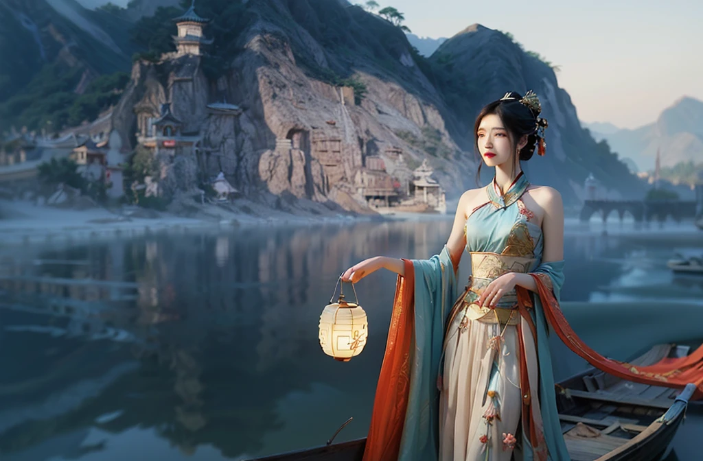 A woman in a long dress stands on a boat., palace , Girl wearing Hanfu, ancient Chinese Princess, Wearing ancient Chinese clothes, Queen of the Sea Mu Yanling, Beautiful fantasy queen, Ancient Chinese beauties, Beautiful rendering of the Tang Dynasty, Dressed in ancient Chinese costumes, Chinese traditional clothing, Chinese Princess, Chinese Fantasy, Ancient Chinese Goddess