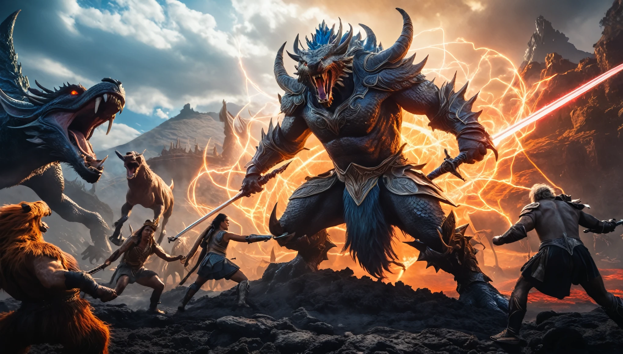 Prompt #2:
An epic battle scene in a different world, the hero at the center wielding a sword that glows with an ethereal light, surrounded by fantastical beasts and allies, mid-action, high tension, Canon EOS R8, wide angle lens, scorching volcanic area
