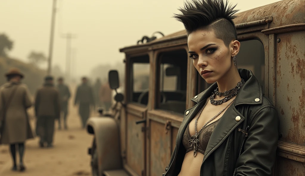 ((Very old photograph in sepia tone only)), Surreal, monochromatic, post-apocalyptic scene featuring a person with a punk aesthetic. A punk woman, positioned in the foreground, has short, spiky hair and wears dark, heavy eye makeup, reminiscent of war paint. Their skin is pale and they have a determined expression. They are leaning against a worn, dusty vehicle adorned with various makeshift modifications. In the background, a crowd of similarly dressed people and more dilapidated vehicles are visible, contributing to the chaotic, dystopian atmosphere. The overall layout is cluttered, with the focus on the central figure and the surrounding environment, emphasizing a sense of survival and resilience. cgsociety, art deco, 1920s, hyper-detailed, 1920s Mad Max film, digital illusions, photorealistic, artistic visuals inspired by Fritz Lang. ((cinematic film)), ultra-detailed, chiaroscuro, RAW photo, cinematic, artstation style, concept art, masterpiece, 8k, black and white, realistic textures, 3d rendering