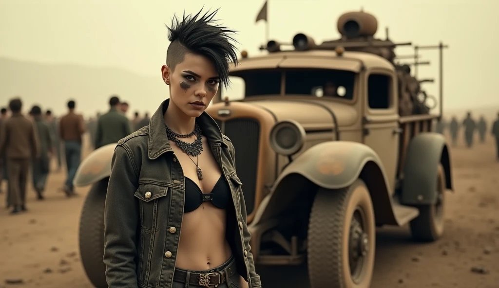 ((Very old photograph in sepia tone only)), Surreal, monochromatic, post-apocalyptic scene featuring a person with a punk aesthetic. A punk woman, positioned in the foreground, has short, spiky hair and wears dark, heavy eye makeup, reminiscent of war paint. Their skin is pale and they have a determined expression. They are leaning against a worn, dusty vehicle adorned with various makeshift modifications. In the background, a crowd of similarly dressed people and more dilapidated vehicles are visible, contributing to the chaotic, dystopian atmosphere. The overall layout is cluttered, with the focus on the central figure and the surrounding environment, emphasizing a sense of survival and resilience. cgsociety, art deco, 1920s, hyper-detailed, 1920s Mad Max film, digital illusions, photorealistic, artistic visuals inspired by Fritz Lang. ((cinematic film)), ultra-detailed, chiaroscuro, RAW photo, cinematic, artstation style, concept art, masterpiece, 8k, black and white, realistic textures, 3d rendering