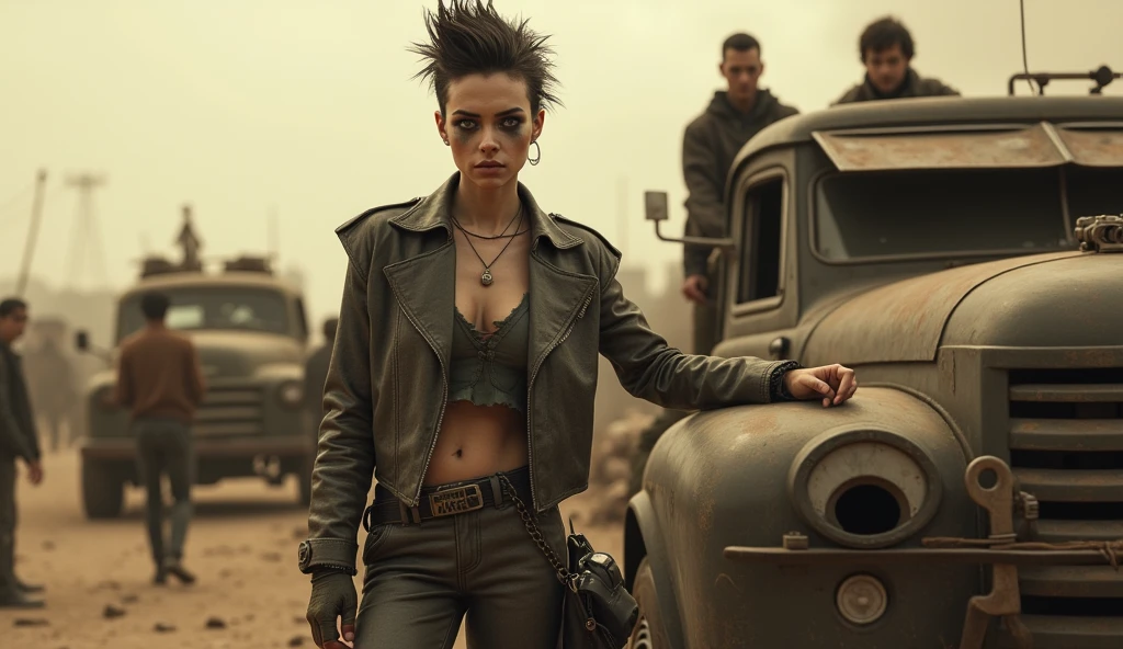 ((Very old photograph in sepia tone only)), Surreal, monochromatic, post-apocalyptic scene featuring a person with a punk aesthetic. A punk woman, positioned in the foreground, has short, spiky hair and wears dark, heavy eye makeup, reminiscent of war paint. Their skin is pale and they have a determined expression. They are leaning against a worn, dusty vehicle adorned with various makeshift modifications. In the background, a crowd of similarly dressed people and more dilapidated vehicles are visible, contributing to the chaotic, dystopian atmosphere. The overall layout is cluttered, with the focus on the central figure and the surrounding environment, emphasizing a sense of survival and resilience. cgsociety, art deco, 1920s, hyper-detailed, 1920s Mad Max film, digital illusions, photorealistic, artistic visuals inspired by Fritz Lang. ((cinematic film)), ultra-detailed, chiaroscuro, RAW photo, cinematic, artstation style, concept art, masterpiece, 8k, black and white, realistic textures, 3d rendering