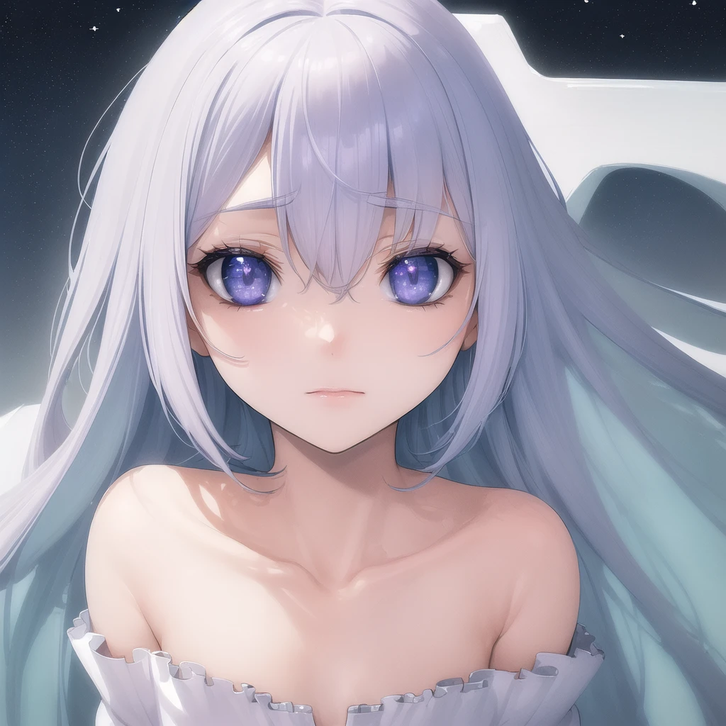 ((masterpiece,best quality)),(Negative Space:1.4),(1 Girl, Solitary:1.4),Beautiful and delicate eyes,Flowing pale pink and lilac hair, Lavender-colored eyes, night, Starry Sky, The stars shine