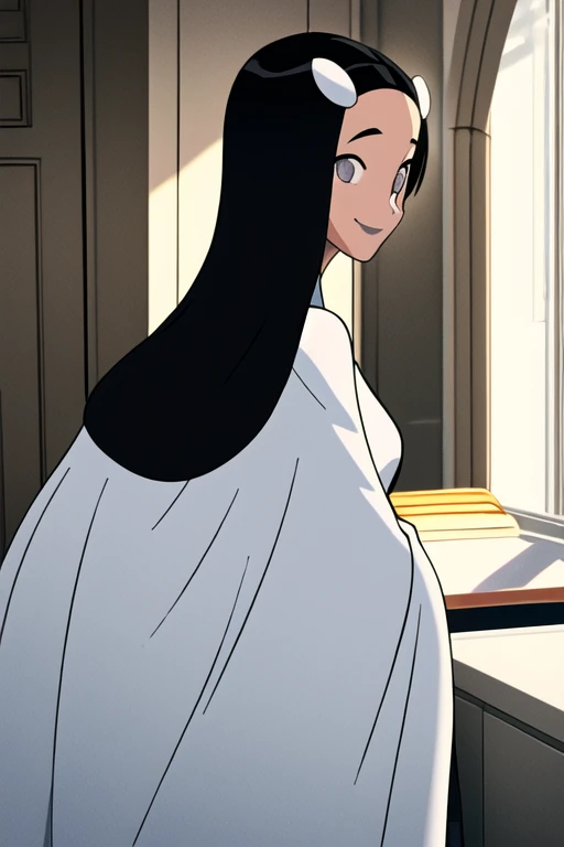 Tinya Wazzo, solo,black hair, long hair. grey eyes, smile, grey lips, white cape, best quality, masterpiece, 1girl, Masterpiece, Best Quality, Detail, room, From Behind, back, look behind, cape backward