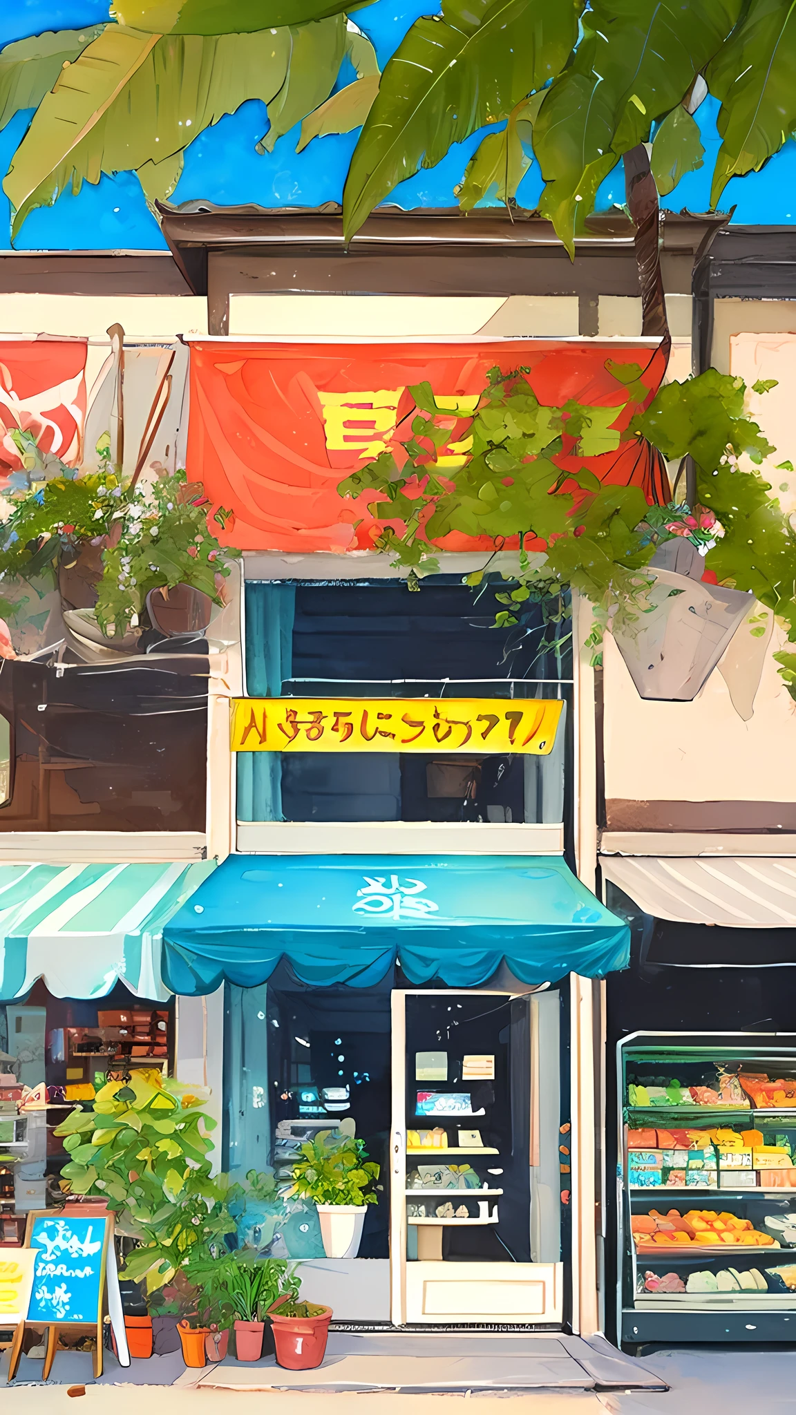 no humans, plant, traditional media, outdoors, potted plant, signature, scenery, watercolor (medium), painting (medium), building, day, shop