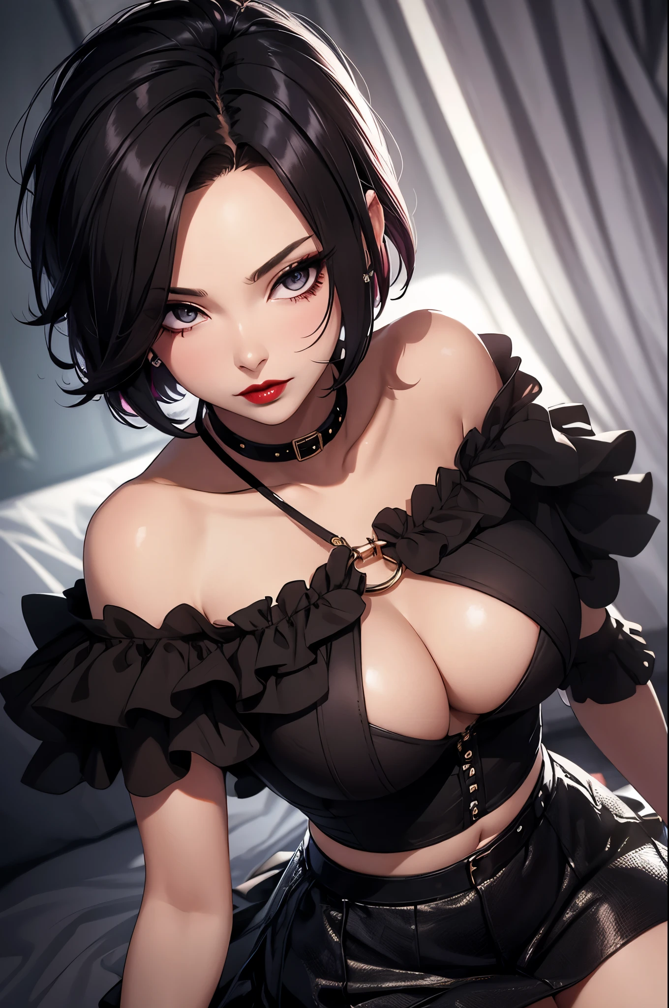 woman, Boa Hankock , emo_hairstyle, red lipstick, dog collar, eyeliner, realistic lighting, short hair,  black skirt. seductive look, Big breast, off shoulder midriff, sleeveless. All-fours.