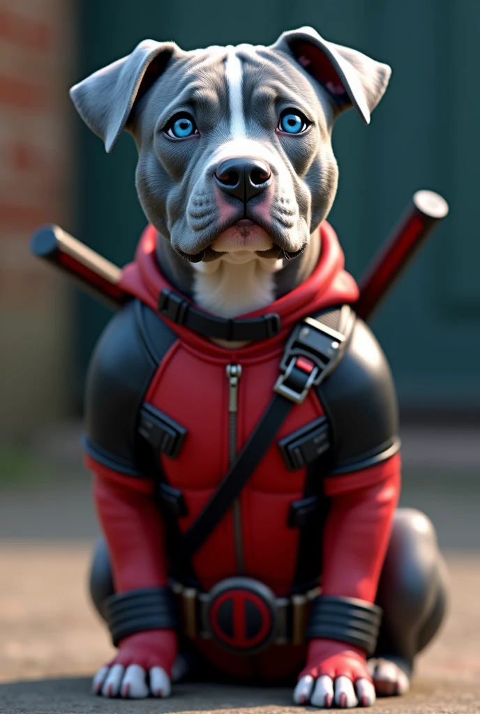 Blue pitbull dog sitting with blue eyes and gray and white fur dressed as Deadpool inspired by Pixar animation 