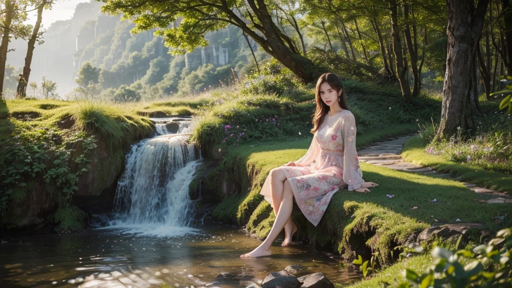 (best quality,4K,8ก,height,Masterpiece:1.2),Very detailed,(realistic,photorealistic,photo-realistic:1.37),High resolution portraits, beautiful asian girl, Standing in front of Tianzishan Peak, Zhangjiajie,((Fiona Pink Misty Floral Embroidered Cotton Dress Length above knee)),Green Mountain,Sunlight filtering through the trees,calm expression,flowing dark hair,The atmosphere is quiet.,Ethereal beauty,blend with nature,harmonious elements,Sensitive features,lush greenery,Golden Sunlight,elegant posture,Relaxed atmosphere,Quiet and elegant,The girl&#39;s eyes reflected the beauty of the mountains.,Magical and dreamlike,tranquility and harmony,Quiet and impersonal,Gentle and elegant,beauty of nature,mesmerizing scenery,Looks like a painting,Enticing beauty,Incredible natural wonders,peace and tranquility,Formidable and awe-inspiring, stylish corner, Pose in style, small round chest, Youthful body, perfect shape, Thin