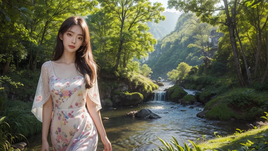 (best quality,4K,8ก,height,Masterpiece:1.2),Very detailed,(realistic,photorealistic,photo-realistic:1.37),High resolution portraits, beautiful asian girl, Standing in front of Tianzishan Peak, Zhangjiajie,((Fiona Pink Misty Floral Embroidered Cotton Dress Length above knee)),Green Mountain,Sunlight filtering through the trees,calm expression,flowing dark hair,The atmosphere is quiet.,Ethereal beauty,blend with nature,harmonious elements,Sensitive features,lush greenery,Golden Sunlight,elegant posture,Relaxed atmosphere,Quiet and elegant,The girl&#39;s eyes reflected the beauty of the mountains.,Magical and dreamlike,tranquility and harmony,Quiet and impersonal,Gentle and elegant,beauty of nature,mesmerizing scenery,Looks like a painting,Enticing beauty,Incredible natural wonders,peace and tranquility,Formidable and awe-inspiring, stylish corner, Pose in style, small round chest, Youthful body, perfect shape, Thin