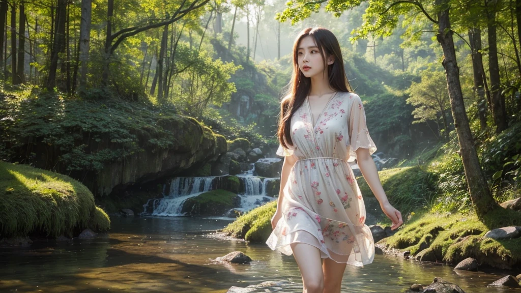 (best quality,4K,8ก,height,Masterpiece:1.2),Very detailed,(realistic,photorealistic,photo-realistic:1.37),High resolution portraits, beautiful asian girl, Standing in front of Tianzishan Peak, Zhangjiajie,((Fiona Pink Misty Floral Embroidered Cotton Dress Length above knee)),Green Mountain,Sunlight filtering through the trees,calm expression,flowing dark hair,The atmosphere is quiet.,Ethereal beauty,blend with nature,harmonious elements,Sensitive features,lush greenery,Golden Sunlight,elegant posture,Relaxed atmosphere,Quiet and elegant,The girl's eyes reflected the beauty of the mountains.,Magical and dreamlike,tranquility and harmony,Quiet and impersonal,Gentle and elegant,beauty of nature,mesmerizing scenery,Looks like a painting,Enticing beauty,Incredible natural wonders,peace and tranquility,Formidable and awe-inspiring, stylish corner, Pose in style, small round chest, Youthful body, perfect shape, Thin