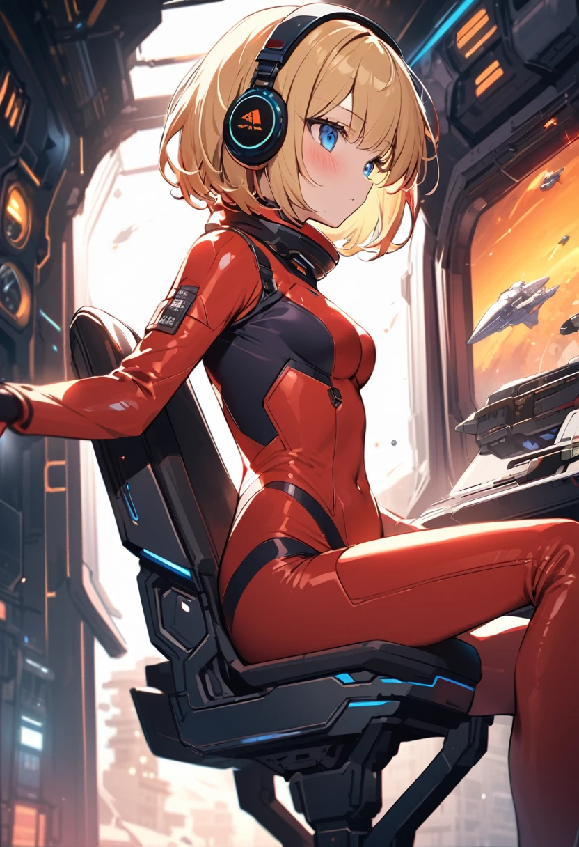 ( short hair, street, Emo, Blonde, Blue Eyes, ,headphone,eyeliner, Apocalypse, , internal (cockpit) of (Futuristic spaceship:1.6), , blush,Sit on a chair, Covered navel, Space Helmet, Mvrów, Space Helm, Plug Suit , Space Helmet, Eva Helm,Red bodysuit, short hair, From the side,Upper Body,close,Looking this way、background moving at high speed、