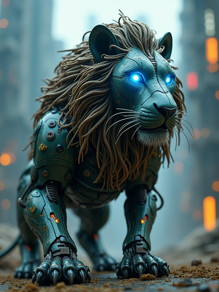 ((masterpiece, 16K, best quality, high resolution:1.3)), (a portrait of a biomechanical lion robot:1.2), (hyperdetailed and intricate matte painting by Jean Baptiste Monge, Jesper Ejsing, Anton Fadeev, Peter Mohrbacher:1.2), (hypermaximalist, precisionism:1.2), (blues, greens, yellows:1.2), (the lion robot is a fusion of organic and mechanical elements:1.2), (its mane is composed of intricate, metallic tendrils and wires:1.2), (its eyes are glowing with a vibrant blue light, suggesting advanced AI:1.2), (the body is a complex arrangement of gears, pistons, and circuitry:1.2), (the mechanical parts are seamlessly integrated with the organic features, creating a harmonious blend:1.2), (the background is a futuristic, industrial landscape with towering structures and neon lights:1.2), (the composition showcases the intricate details of the lion robot and the futuristic setting:1.2), (a moment frozen in time, capturing the essence of technological advancement and artistic precision:1.3), (ultra photorealistic, highlighting the intricate details of the biomechanical lion and the futuristic environment:1.3), (an image that transports viewers to a captivating and futuristic moment:1.2), (a scene that exemplifies the beauty of biomechanical art and technological innovation:1.2)