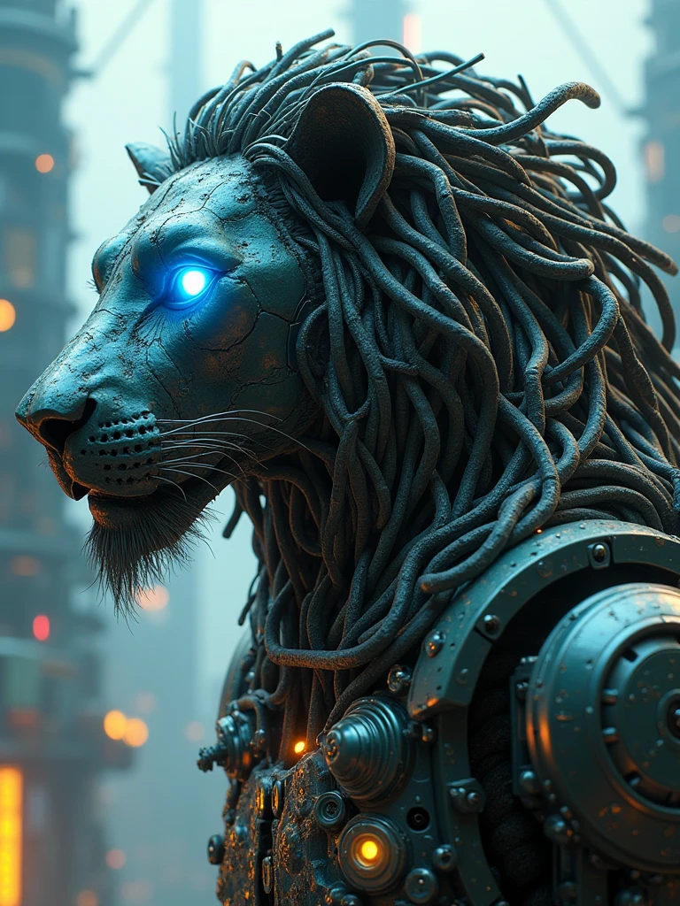 ((masterpiece, 16K, best quality, high resolution:1.3)), (a portrait of a biomechanical lion robot:1.2), (hyperdetailed and intricate matte painting by Jean Baptiste Monge, Jesper Ejsing, Anton Fadeev, Peter Mohrbacher:1.2), (hypermaximalist, precisionism:1.2), (blues, greens, yellows:1.2), (the lion robot is a fusion of organic and mechanical elements:1.2), (its mane is composed of intricate, metallic tendrils and wires:1.2), (its eyes are glowing with a vibrant blue light, suggesting advanced AI:1.2), (the body is a complex arrangement of gears, pistons, and circuitry:1.2), (the mechanical parts are seamlessly integrated with the organic features, creating a harmonious blend:1.2), (the background is a futuristic, industrial landscape with towering structures and neon lights:1.2), (the composition showcases the intricate details of the lion robot and the futuristic setting:1.2), (a moment frozen in time, capturing the essence of technological advancement and artistic precision:1.3), (ultra photorealistic, highlighting the intricate details of the biomechanical lion and the futuristic environment:1.3), (an image that transports viewers to a captivating and futuristic moment:1.2), (a scene that exemplifies the beauty of biomechanical art and technological innovation:1.2)