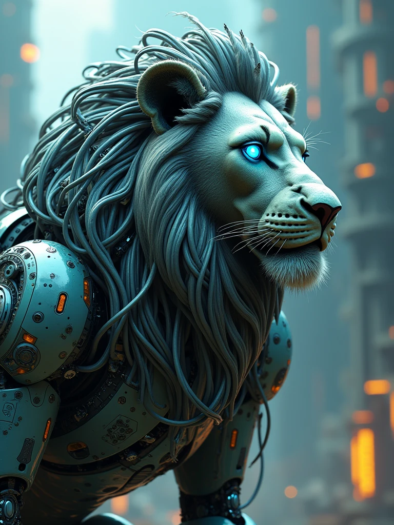 ((masterpiece, 16K, best quality, high resolution:1.3)), (a portrait of a biomechanical lion robot:1.2), (hyperdetailed and intricate matte painting by Jean Baptiste Monge, Jesper Ejsing, Anton Fadeev, Peter Mohrbacher:1.2), (hypermaximalist, precisionism:1.2), (blues, greens, yellows:1.2), (the lion robot is a fusion of organic and mechanical elements:1.2), (its mane is composed of intricate, metallic tendrils and wires:1.2), (its eyes are glowing with a vibrant blue light, suggesting advanced AI:1.2), (the body is a complex arrangement of gears, pistons, and circuitry:1.2), (the mechanical parts are seamlessly integrated with the organic features, creating a harmonious blend:1.2), (the background is a futuristic, industrial landscape with towering structures and neon lights:1.2), (the composition showcases the intricate details of the lion robot and the futuristic setting:1.2), (a moment frozen in time, capturing the essence of technological advancement and artistic precision:1.3), (ultra photorealistic, highlighting the intricate details of the biomechanical lion and the futuristic environment:1.3), (an image that transports viewers to a captivating and futuristic moment:1.2), (a scene that exemplifies the beauty of biomechanical art and technological innovation:1.2)