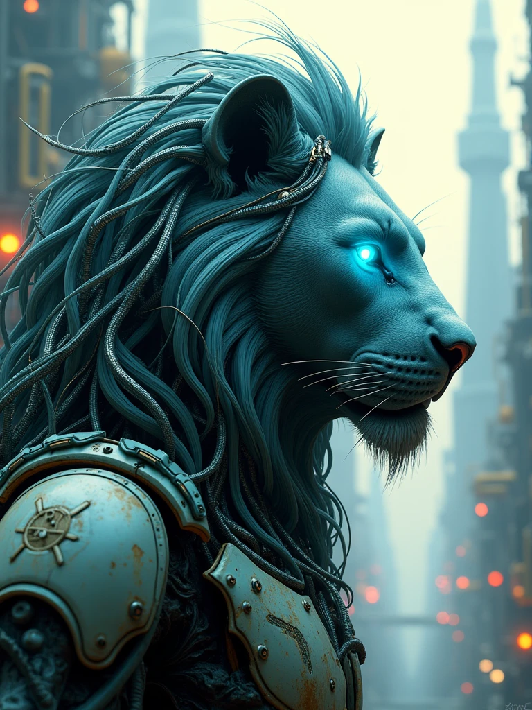 ((masterpiece, 16K, best quality, high resolution:1.3)), (a portrait of a biomechanical lion robot:1.2), (hyperdetailed and intricate matte painting by Jean Baptiste Monge, Jesper Ejsing, Anton Fadeev, Peter Mohrbacher:1.2), (hypermaximalist, precisionism:1.2), (blues, greens, yellows:1.2), (the lion robot is a fusion of organic and mechanical elements:1.2), (its mane is composed of intricate, metallic tendrils and wires:1.2), (its eyes are glowing with a vibrant blue light, suggesting advanced AI:1.2), (the body is a complex arrangement of gears, pistons, and circuitry:1.2), (the mechanical parts are seamlessly integrated with the organic features, creating a harmonious blend:1.2), (the background is a futuristic, industrial landscape with towering structures and neon lights:1.2), (the composition showcases the intricate details of the lion robot and the futuristic setting:1.2), (a moment frozen in time, capturing the essence of technological advancement and artistic precision:1.3), (ultra photorealistic, highlighting the intricate details of the biomechanical lion and the futuristic environment:1.3), (an image that transports viewers to a captivating and futuristic moment:1.2), (a scene that exemplifies the beauty of biomechanical art and technological innovation:1.2)