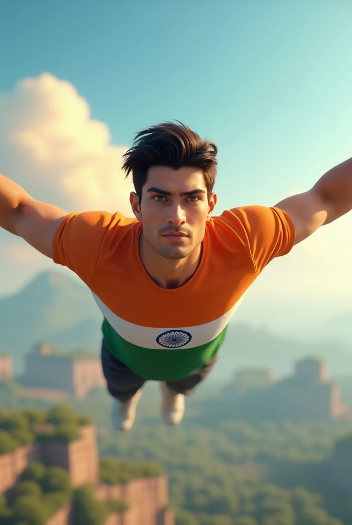 in 3d animation style a vary handsome boy 20year fly india tiranga Ankit name is printed on the T-shirt