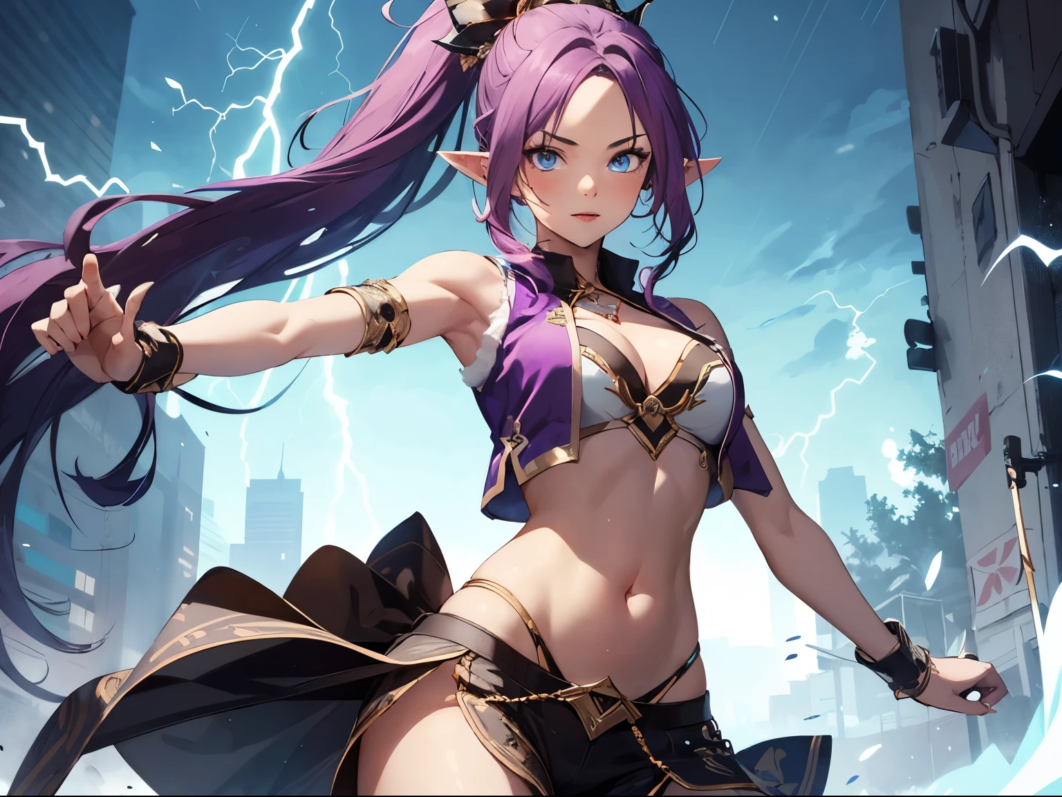 1girl, pointy ears, tanned skin, very long purple hair in ponytail, belly dancer outfit, red sleeveless vest, dynamic pose, light blue eyes, lightning fists