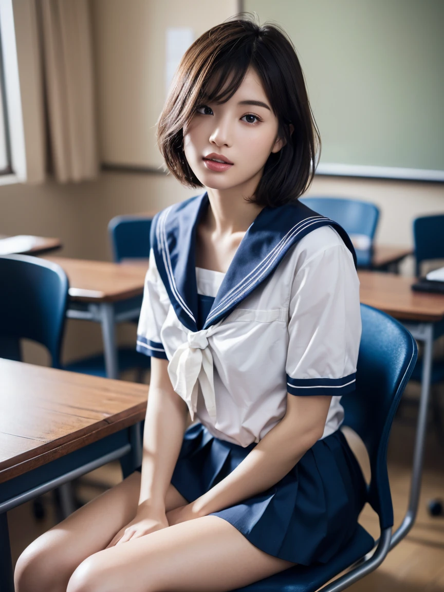 (masterpiece:1.2), Very detailed, Ultra-high resolution, (Realistic, photo Realistic:1.6), High-resolution RAW color photos, Professional photos, Sharp focus:1.2, (Very detailed顔と肌の質感, Very beautiful eyes, Glossのある肌, Glowing Skin, Glowing Skin, Shining Face, Gloss, Oily skin, greasy face, Oily skin, greasy face,),, (real Glossのある肌 texture), Perfect Anatomy, Very detailed背景,(High school classroom at night),1 female,25-year-old woman, Japanese women,Height: 168cm,(short hair, Straight hair, bangs, Brown Hair),((Flat Chest:1.6)),(Slender legs), ((((White short-sleeved sailor suit、Navy blue pleated skirt:1.5、Sexy string T-panty inside the skirt))),((sit at a desk with your knees up:1.4))、(((Transparent Sailor Suit:1.5、Sexy bra covered by sailor suit))),Invite to sex