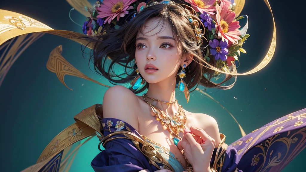 32K, 最高quality, 最高masterpiece, (ultra-Detailed Background, Detailed Background), High resolution, Super detailed, Very detailedな, One girl, (bouquet:1.3), (Tangled:1.2), (Geometric:1.2),(colorful),(masterpiece, quality, best quality, Official Art, Beautiful and beautiful:1.2), (1 girl:1.3), Very detailed,(colorful:1.1)(Flowers:1.3),Most detailed,(Tangled:1.2), whole body, (Abstract background:1.3), (Skin glows), (Many colors:1.4), ,(Earrings Jewelry:1.5), Pale Red Background,