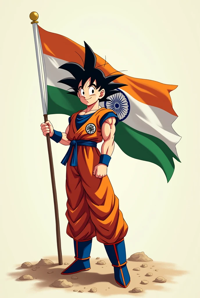 Goku Holding Indian Flag in his Hand with Smile no Cuts in flag