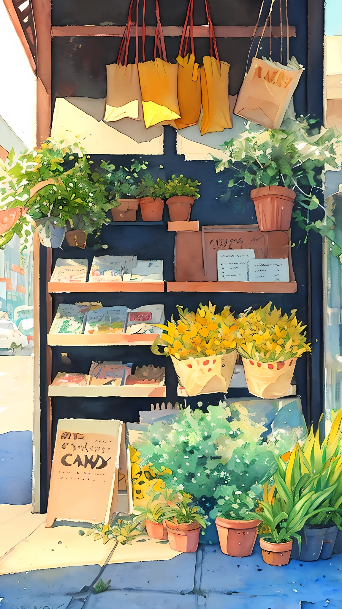 no humans, plant, traditional media, outdoors, potted plant, signature, scenery, watercolor (medium), painting (medium), building, day, shop