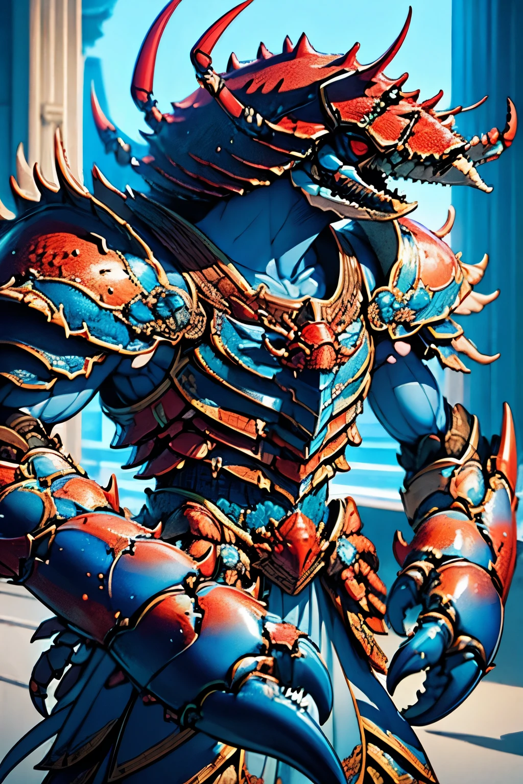 a massive armored bipedal crab monster, warrior style, blue shell with white skin, large fantasy style pincers, highly detailed, 8k, photorealistic, hyper realistic, cinematic lighting, dramatic shadows, intricate details, sharp focus, epic fantasy creature, striking pose, powerful presence