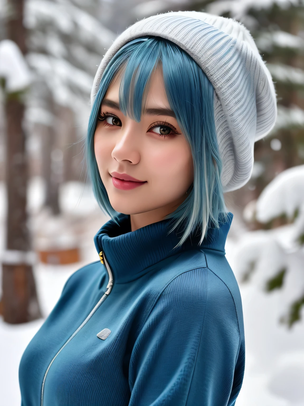 (blue hair:1.4), short hair, realistic green eyes, cobalt hair, long bob hair, tousled hair, shoulder length hair, Full body, woman with white skin and Asian features, 24 year old, big breast. She has a small, Her face has an oval shape with high cheekbones that add to her model-like appearance. highly detailed glowing eyes, specular light, extreme quality, crystal clear, cute face, detailed skin pores, oil Dark skin, brown, complex eye details, 8K, ((high quality, 8K, Ultra HD, high quality, high quality, High resolution, realism)) 、smile、well-proportioned body、Background blur((depth of field))、Aerial perspective((atmospheric perspective))、In snowy mountain forests、Wear suitable winter snow clothing、Wear winter trousers、Wear winter shoes、Walking through the snow、Wear a knitted hat、Wear cold weather gloves、Lots of snow, (short hair:1.3)
