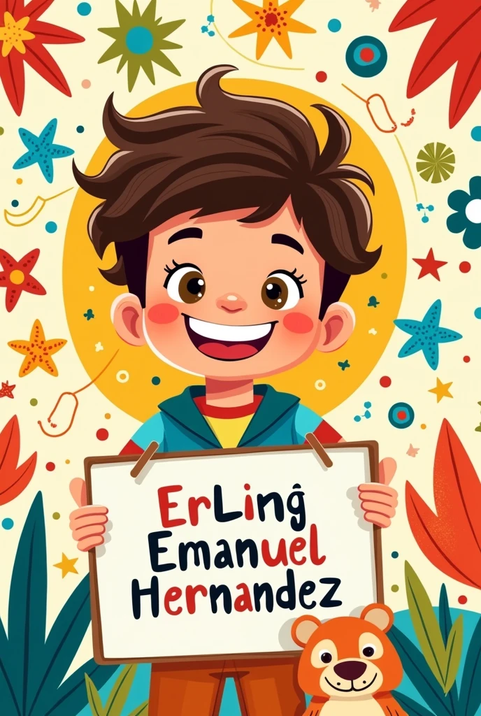 Create a cover with the name ERLING EMANUEL HERNANDEZ 1ST GRADE with a drawing for a child