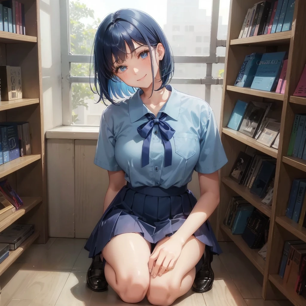 1. High school girl　-yeld fee　Bobcut　dark blue hair color　High School Uniform　Light blue Y-shirt　Short sleeve　Blue Ribbon　dark blue hair color　Slim figure　Large Breasts　Full body portrait　School library　Smiling Kindly　Laugh a little　library　Hand Signs　squat　Kneel　Look up here　