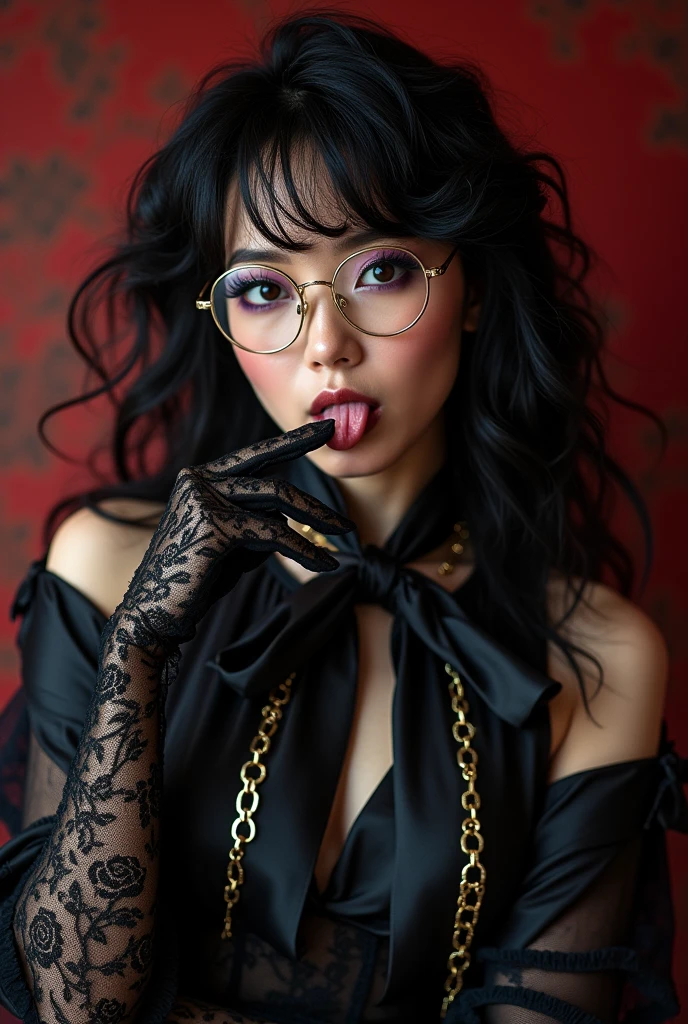 With long, curly black hair、Heavy makeup and purple eyeshadow、Around her neck she wears a ribbon-shaped satin black and gold patterned scarf.、Wearing gold-rimmed glasses、Wear long satin gloves、A Japanese woman in her 40s wearing a black striped suit、Wearing a lacy black face mask