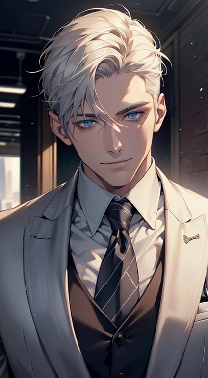 (best quality, masterpiece, 8K, photorealistic, cinematic lighting, hdr image, ultra detailed, beautiful image), 1 man, 31 years old, mature man, very handsome, (without expression, smile), short white hair, blue eyes ( penetrating gaze), perfect face without errors, imposing posture, without errors, businessman, office background