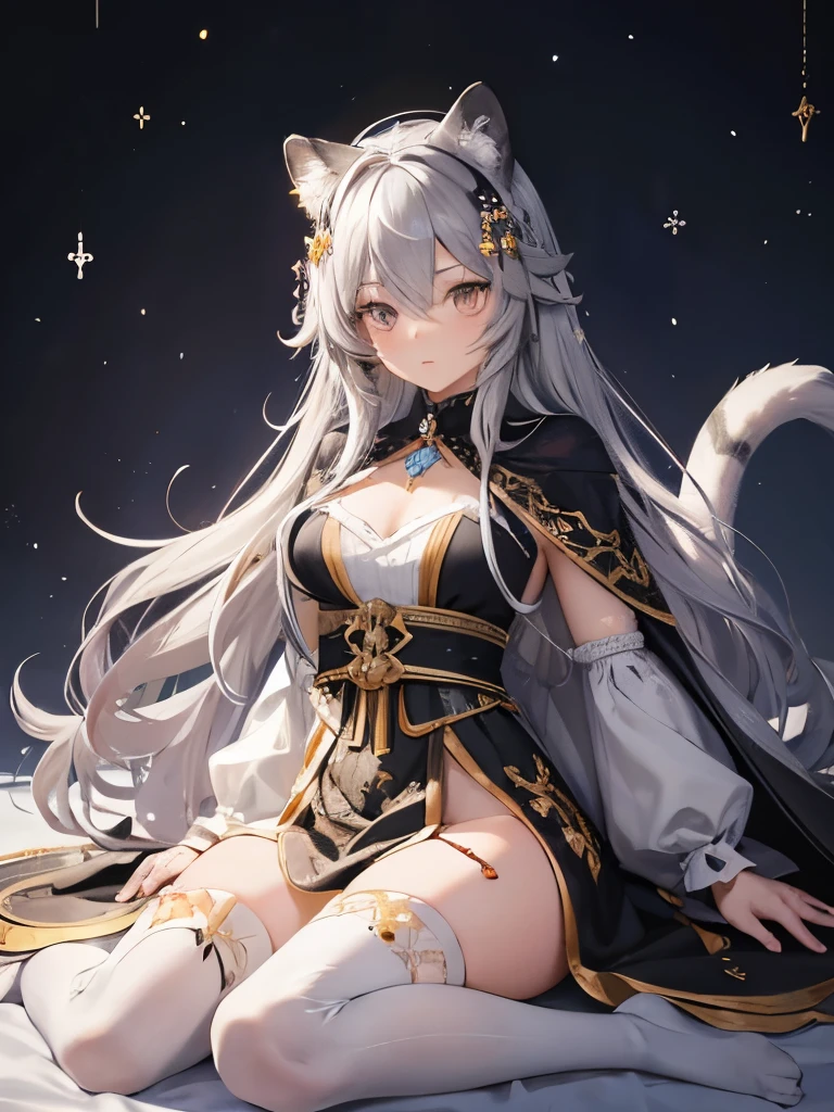 (masterpiece, Highest quality:1.2),One person, Upper Body,tail, large tail, Gray Hair, Very long hair, Wavy Hair, Grey Eyes, 詳細なtail, Detailed eyes, Multicolored Hair, Circlet, Beaded Necklaces, Animal ears, Leopard Ears, Black Cape, White Dress, Hip vents, Pelvic Curtain, Grey knee socks, the snow&#39;s, the snow&#39;s mountains, Blizzard, Volumetric lighting, Scattered beneath the surface, Cinema Lighting, Chiaroscuro, Floating Hair, Place your hand on your chest