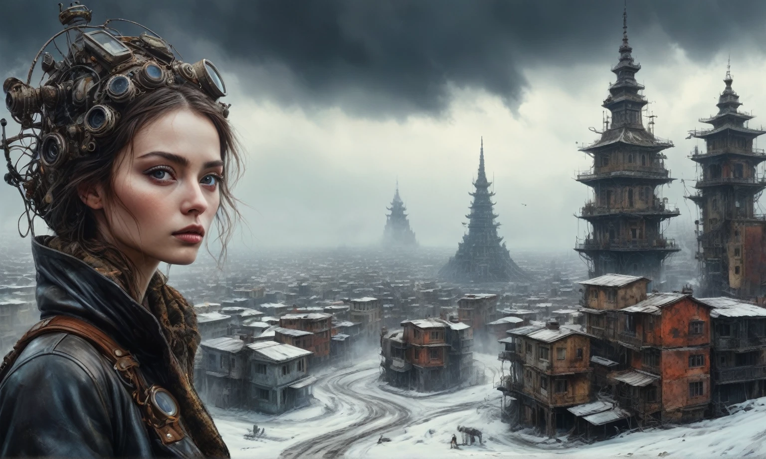insane pilot from USSR , camouflage Rusty, after a psychiatric clinic,winter,intricate landscape,slate grey atmosphere,film grain,faded,eyes extremely detailed,another world,view from height,once pretty face,eyebrow up,full body shot,ominous landscape, Simon Stalenhag,Nicola Samori,full body shot,beggar paladium The Alien Entity,Technicolor,natural skin textures, hyper realism, hyper detailed,Extremely detailed,High contrast,Masterpiece,Realistic,Ultra Detailed, intricate details,realistic humid leather,extremly intricate,Epic Realistic, cinematic style,irina yermolova,high contrast,hdr,extremely detailed, deep night landscape,masterpiece,intricate details,faded,eyes extremely detailed, high detailed eyes,8k resolution,RAW,retina, Nikon Z9,China,tkt style, transition between two art styles, Ink painting to photorealism, Double contact, X-ray, Creative, vivid light, masterpiece, fantasy, Abstract Surrealism, super detailed, high resolution, stop:35;Her skin is pale, almost translucent,ancient rock,a hot air soars through the layers of clouds, revealing a colossal and enigmatic cityscape nestled within. The buildings in this ethereal city are adorned with intricate details and exude an aura of mystery. Above the cityscape, lend an enchanting touch to the scene. steampunk. The intricate mechanics create a sense of wonder and fascination, as if stepping into a dreamlike realism,Marta Bevacqua, Ellen Jewett, Kawacy, Katsuya Terada, Carne Griffiths
