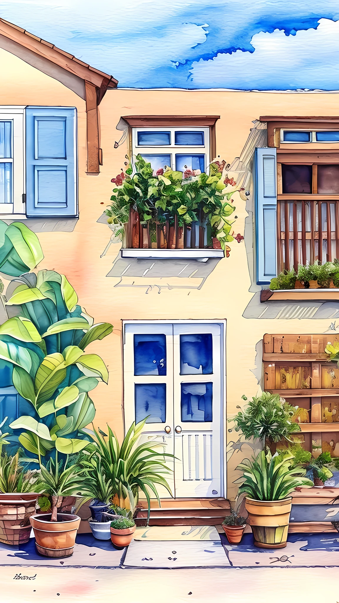 no humans, plant, traditional media, outdoors, potted plant, signature, scenery, watercolor (medium), painting (medium), building, day, shop