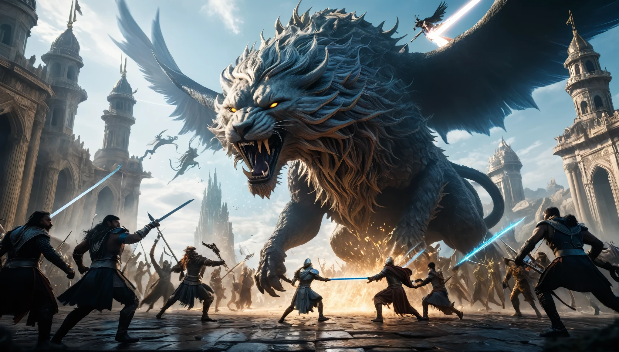 Prompt #2:
An epic battle scene in a different world, the hero at the center wielding a sword that glows with an ethereal light, surrounded by fantastical beasts and allies, mid-action, high tension, Canon EOS R8, wide angle lens, collapsed metropolis