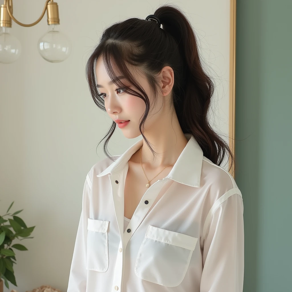 (Best Quality, 8K, masutepiece, Ultra HD: 1.3), 1girl in, mideum breasts, light brown hair, Blunt bangs, hair behind ear, hair over shoulder, Long hair, slender body shape, Ultra Fine Face, Delicate lips, Beautiful eyes, Double eyelids, lipsticks,Facial expressions inviting a man, Ultra-thin hands, Ultra-fine fingers, shirt with collar, tight skirts , beauty legs ,pumps.s Office