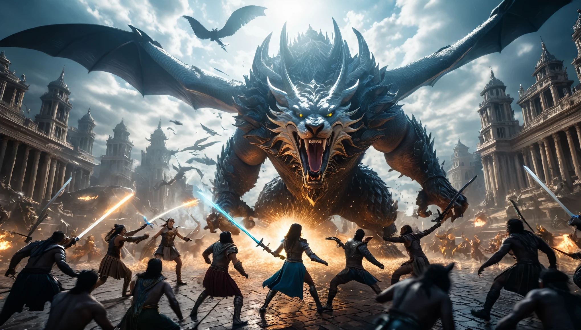 Prompt #2:
An epic battle scene in a different world, the hero at the center wielding a sword that glows with an ethereal light, surrounded by fantastical beasts and allies, mid-action, high tension, Canon EOS R8, wide angle lens, collapsed metropolis