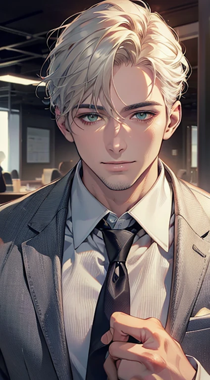 (Highest quality,4K,8K,High resolution,masterpiece:1.2),Super detailed,(Realistic,photoRealistic,photo-Realistic:1.37),1 person,34 years old,Mature Men,Beautiful skin、very handsome,Expressionless smile in love,Short white hair,green eyes,Sharp Eyes,A perfect face without a doubt,Businessman, CEO, Office Background,Cinema Lighting,HDR image,tie、