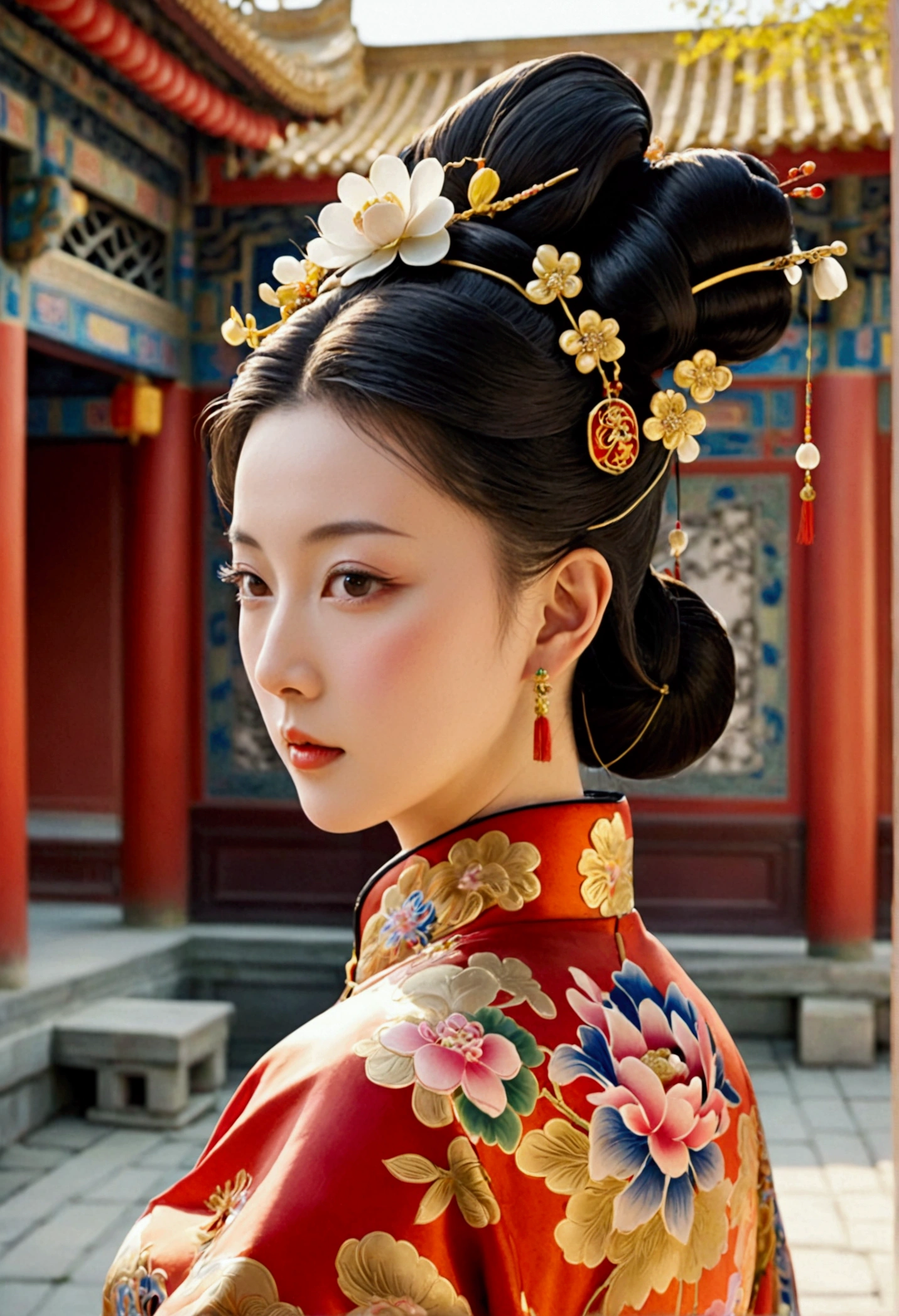 Front view of a Qing Dynasty empress in a Chinese palace during the Qing Dynasty. She is naked and has large breasts. She is wearing a crown and a flower hairpin.、Tie your bangs up.、The hair at the back of her head was tied up and pulled back.. The background is the stone paving of a Chinese palace during the Qing Dynasty..