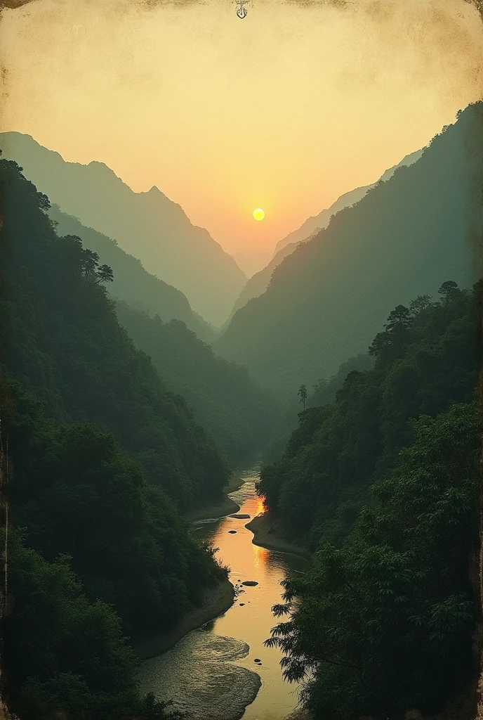 Horizontal format of a natural landscape of Colombia with the sun rising behind the mountains , 50s vintage style photography