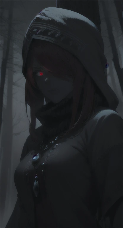 Frozen, misty Forest, ancient being, winter, snow, Hylia, red hair, glowing red eyes, eyes in the fog, regal appearance, cabin, looking mad at viewer,