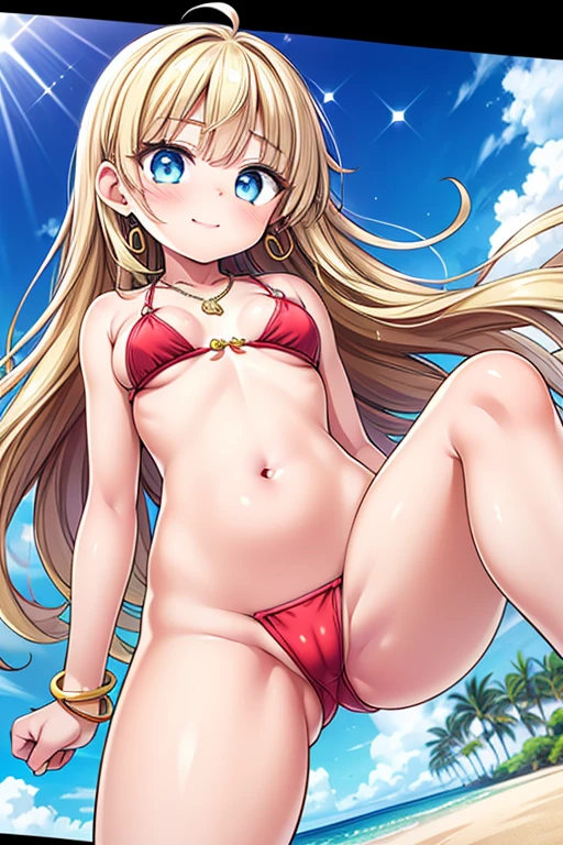 A girl posing for a photo, ((One Girl)), (((Baby Face:1.7)) + ((cute:1.5)) + (())),
break
#Clothing Accessories
((Red bikini on a black background)) + white high heel sandals,
(Gold Hoop Earrings), (gold fancy bracelet), (A necklace studded with many precious stones),
break
#Features
((blonde:1.2)) + ((Very long side bangs)) + ((Long Hair) : Long Hair + Curly hair + Voluminous Hair + Fuller Hair + Wavy Hair + Hair blowing in the wind),
((Droopy eyes:1.4, Big eyes:1.2), blue eyes), (Small breasts + Flat chest), (中立的な顔のFeatures),
((sensuous:1.5)),
break
#background environment
((noon, (Sunny tropical beach:1.1), ((blue sky)))),
#Facial Expression Pose
((blush, smile, Open your mouth)), ((Spread your legs a little、Brush your hair back)),
#composition
((To the camera), (Angle from below), (Character Focus), (Cowboy Shot)),
break
#Body parts elements
(Slim figure),
(Symmetrical facial features),
(Detailed Hair, Beautiful Hair, Shiny Hair),
(double eyelid, Long eyelashes, Thin eyebrows:0.5, Thin eyebrows:0.5),
(Expression of fine eyes, Beautiful and delicate eyes, Sparkling eyes, Eye Reflexes, Glitter Eyeliner),
(Human Ear),
(Beautiful Nose, Thin Nose),
(Glossy Lips, Beautiful Lips, Thick lips),
(Detailed skin, Textured skin, Beautiful Skin, Oily skin),
break
#quality
(((最高quality)), ((masterpiece:1.3)), ((Very detailed))), ((Ultra-high resolution)), ((16K)), ((1080P)), ((Full HD)),
((Anatomically correct)), ((Realistic)), (3DCG), ((Oil painting)),
((comics, anime)), (CG illustration), (RAW Photos),