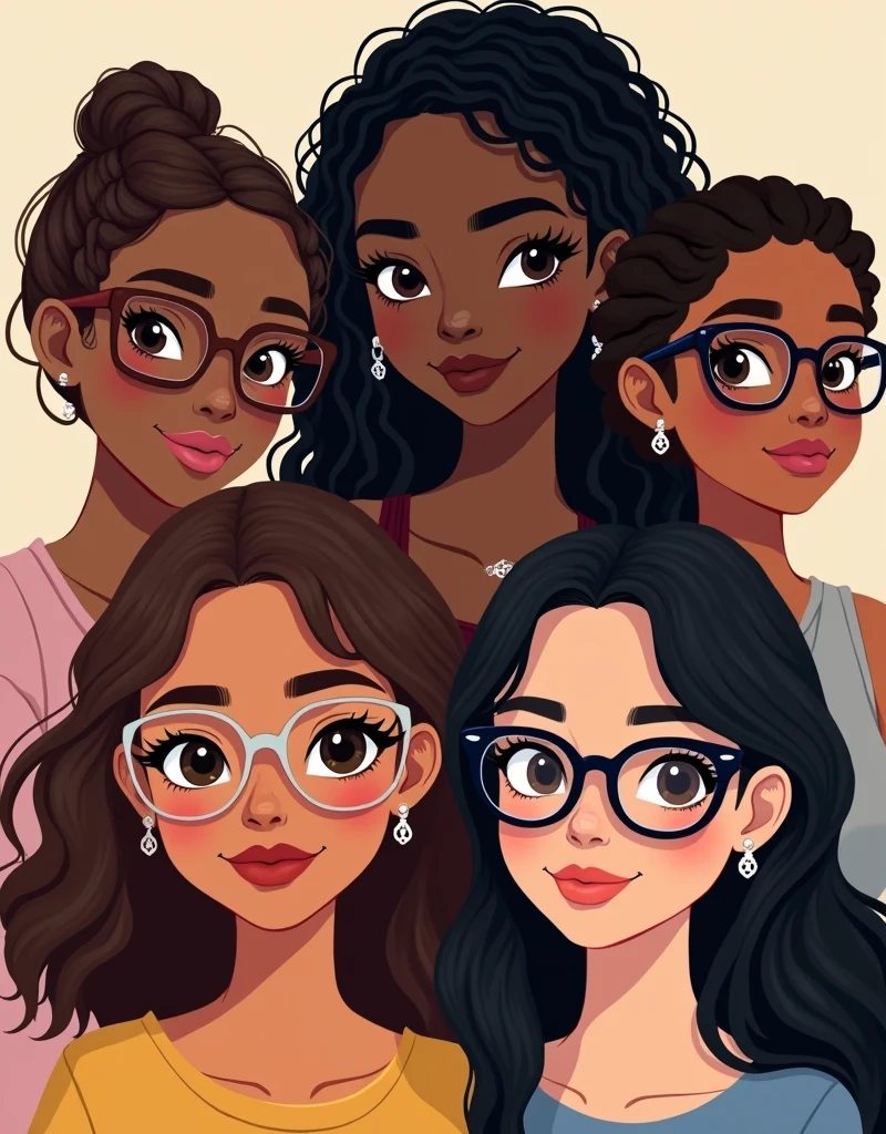 four girls, the first wears square glasses in dark brown, thick lips e sorrindo, brownhair, held in a side braid, has brown skin. The second girl wears round glasses in silver, thick lips, black skin and black hair, curly and long. The third girl, Caucasian skin, black cat-eye glasses, shoulder length wavy hair, in black and with clips, small lips. Fourth, black square glasses, Caucasian skin, with earrings in her ears, basic makeup, dark brown hair, smooth and long.