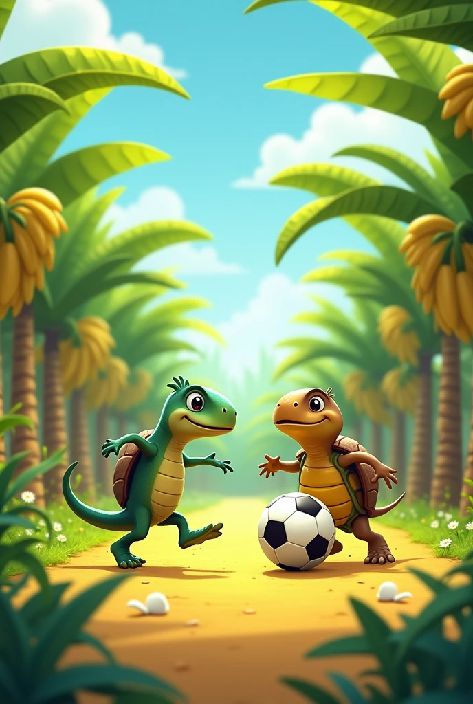 A cartoon lizard and turtle playing soccer on a banana plantation