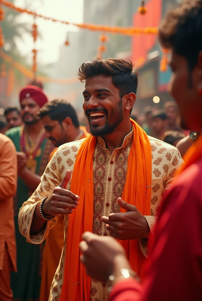 Generate a real-life image of a 25-year-old (boy) fully celebrating Ganesh Chaturthi.
